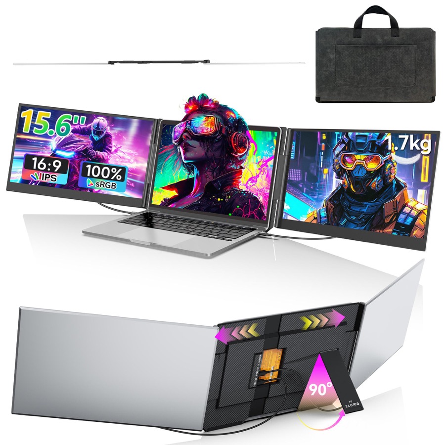 15.6" Laptop Screen Extender, Ultra Light & Thin Triple Portable Monitor for Laptop, 1080P FHD IPS Display, Plug & Play via HDMI/USB-A/Type-C, Compatible with Mac/Windows/Android/Dex