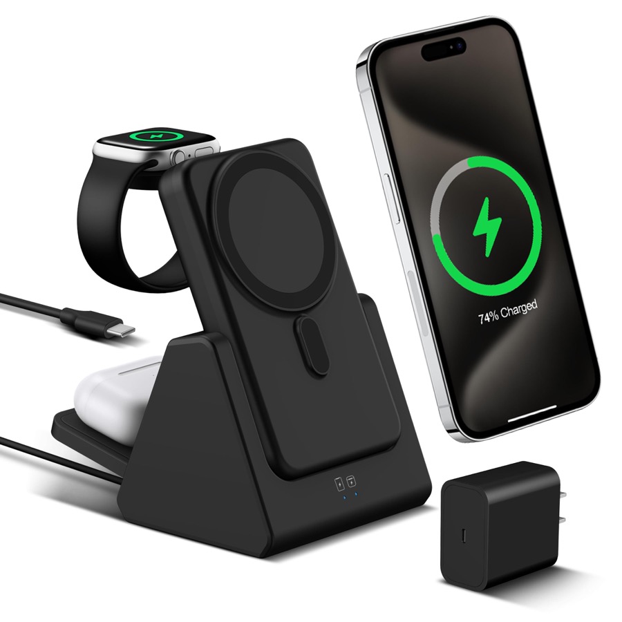 3-in-1 Wireless Charging Station: Portable 10000mAh Power Bank Charger Compatible for Phone Air/17/16/15/14/13/12 Series and Watch - Detachable Magnetic Charging Stand Black